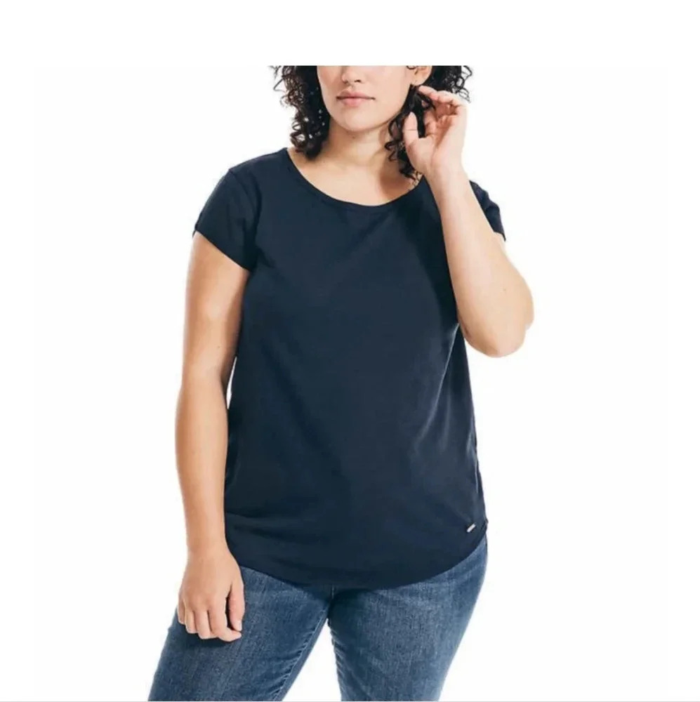 Navy Blue Keyhole Button Back Slub Tee Classic Fit L 12 14